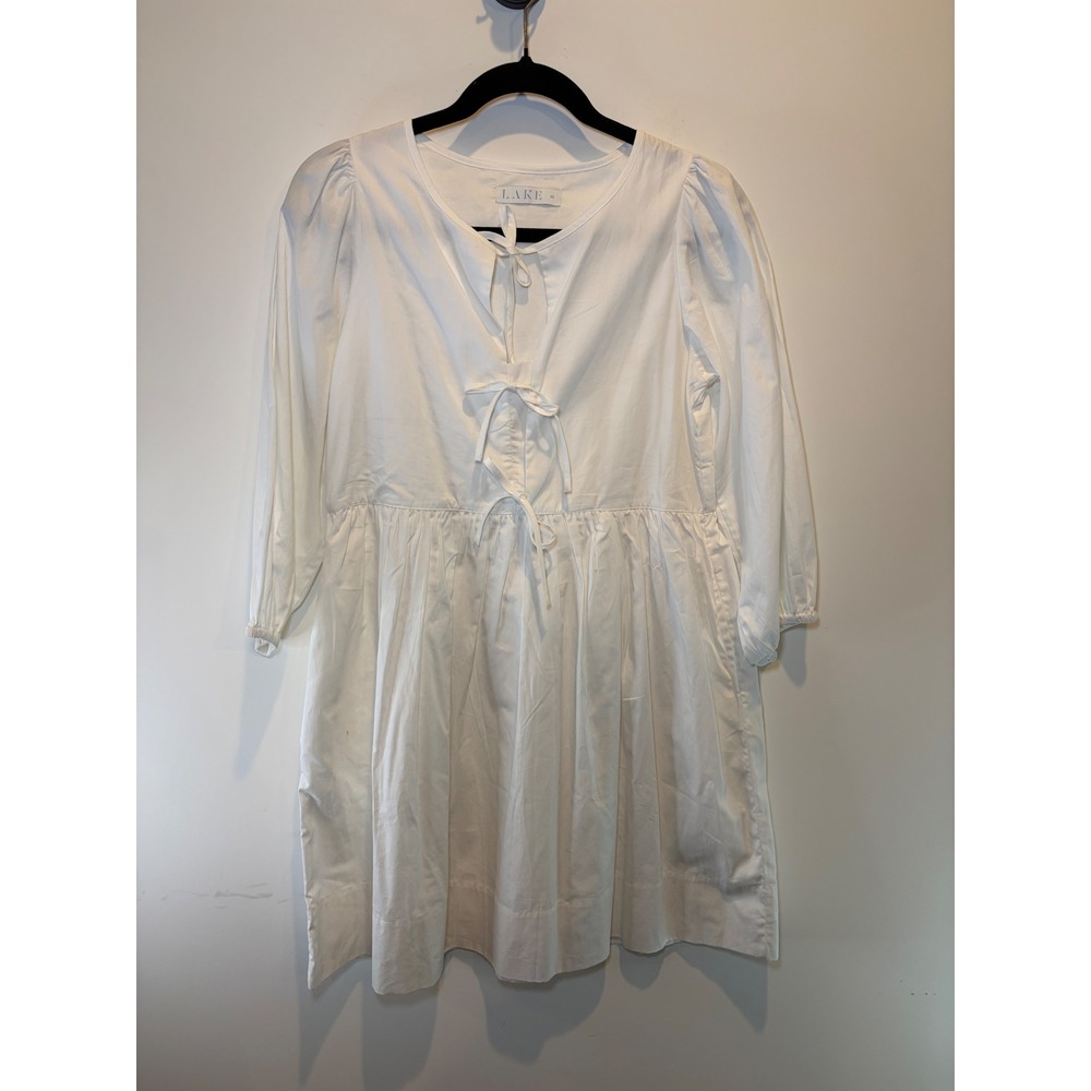 LAKE White Cotton Poplin Tie Front Dress XS 3/4 Sleeve